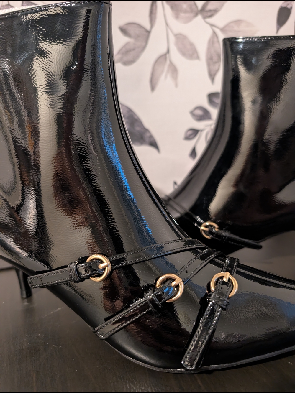 Black Patent Leather Ankle Boots with Gold Ring Detail